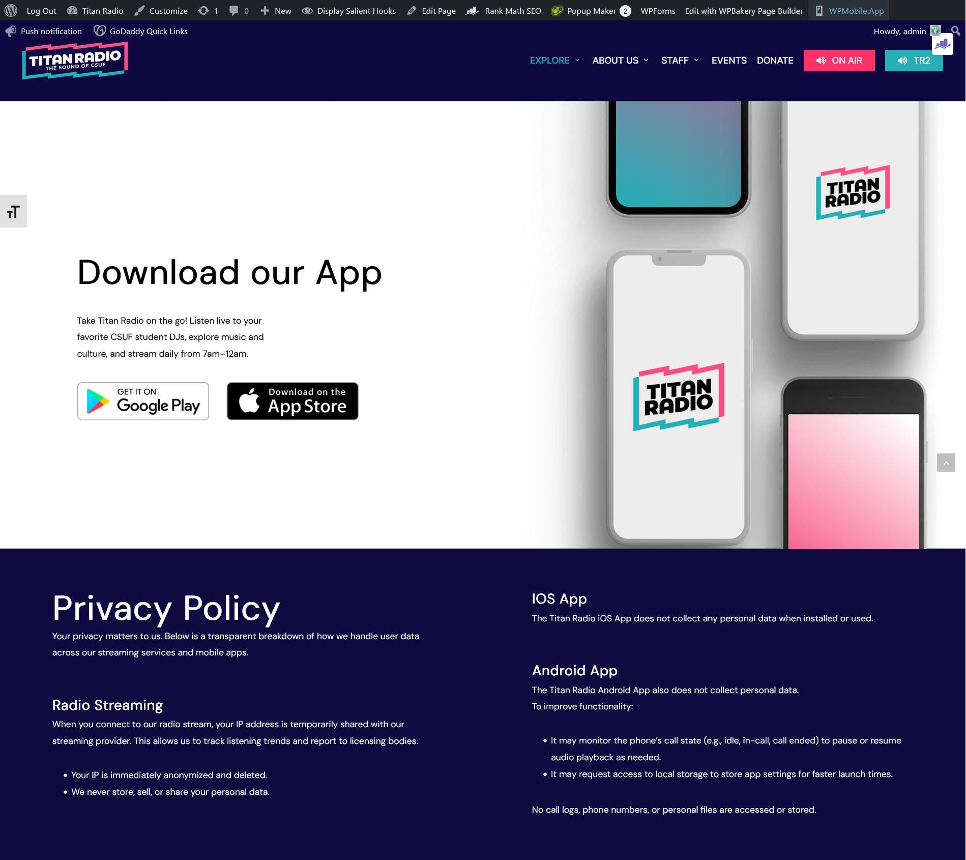 New Mobile App Page and Privacy Policy Page After